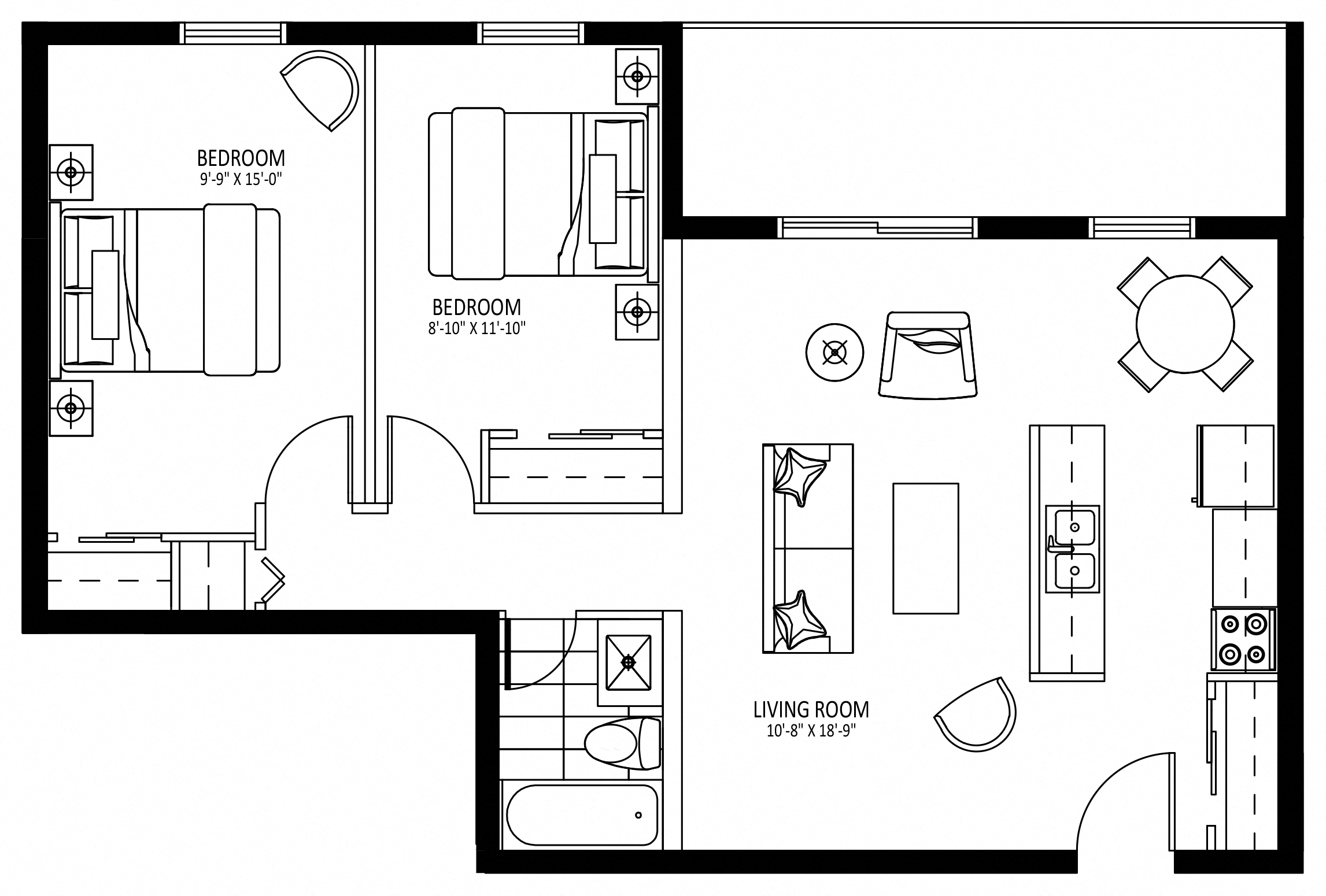Floor plan for 2 beds, 1 bath, 780 sqft